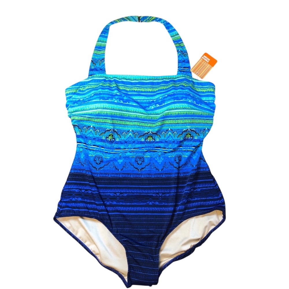 Tropical Escape Women’s One-Piece Swimsuit in Aqua & Navy